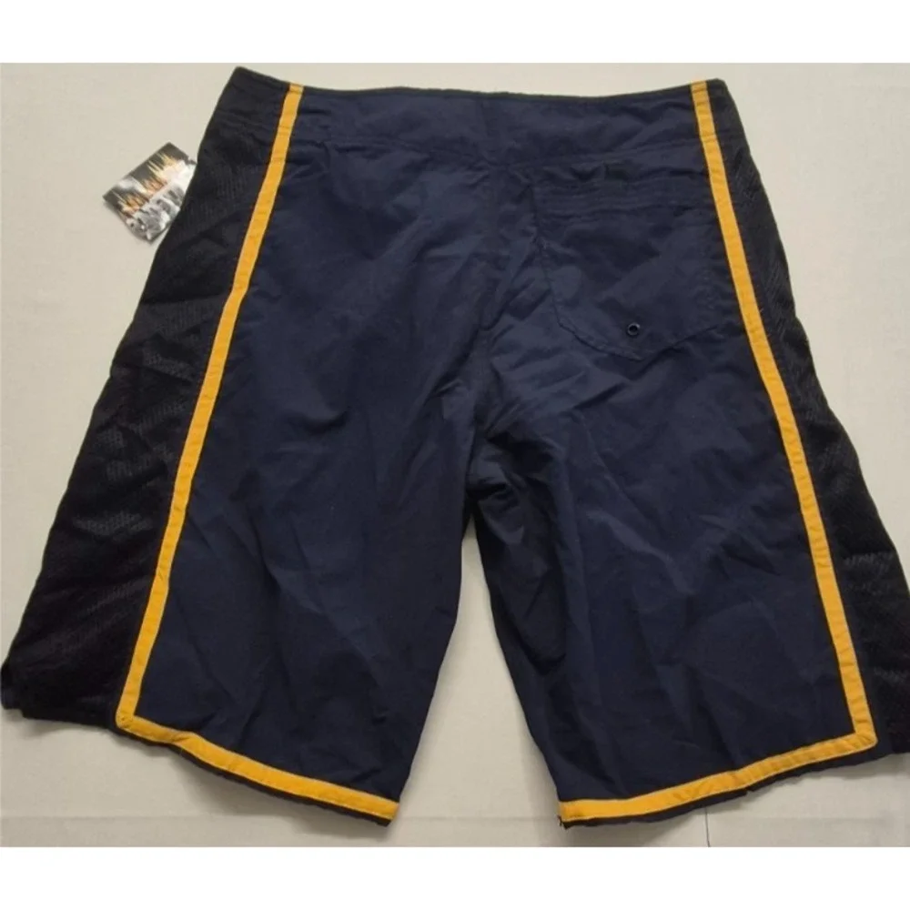 NWT Burnside men's‎ navy blue/black/yellow board shorts sz. 32 drawstring